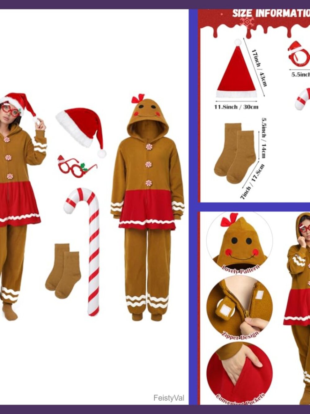 Gingerbread Onesie Pajamas Adult Christmas One-Piece Flannel Jumpsuit Hooded